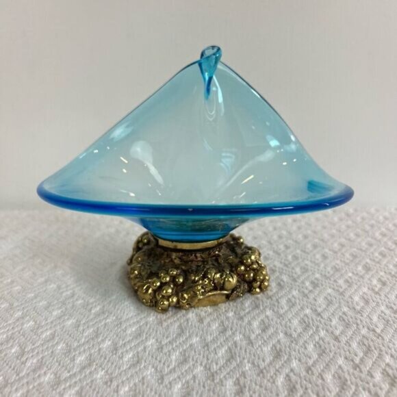 Vintage Hand Blown Blue Glass Bowl Tray Plate Centerpiece Metal Gold Base MCM - Picture 11 of 15